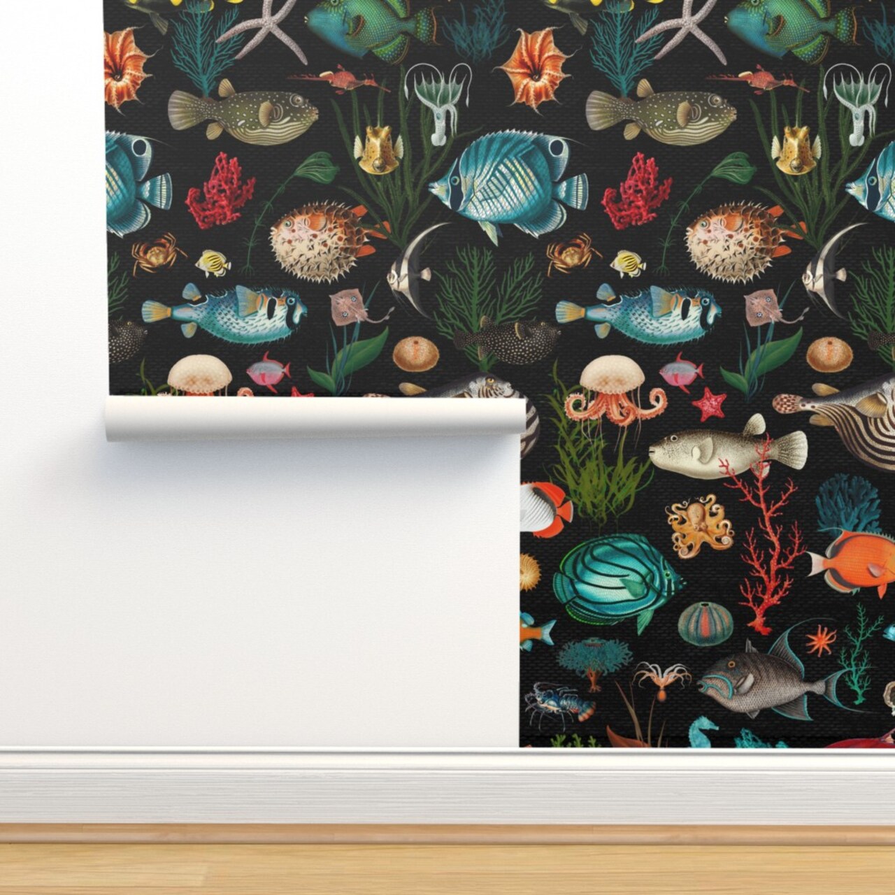 Coastal Marine Ocean Life Nautical Aqua Mint Teal Tropical Underseas Underwater Custom Pre-pasted Wallpaper by Spoonflower Pre-Pasted Wallpaper 2FT Wide